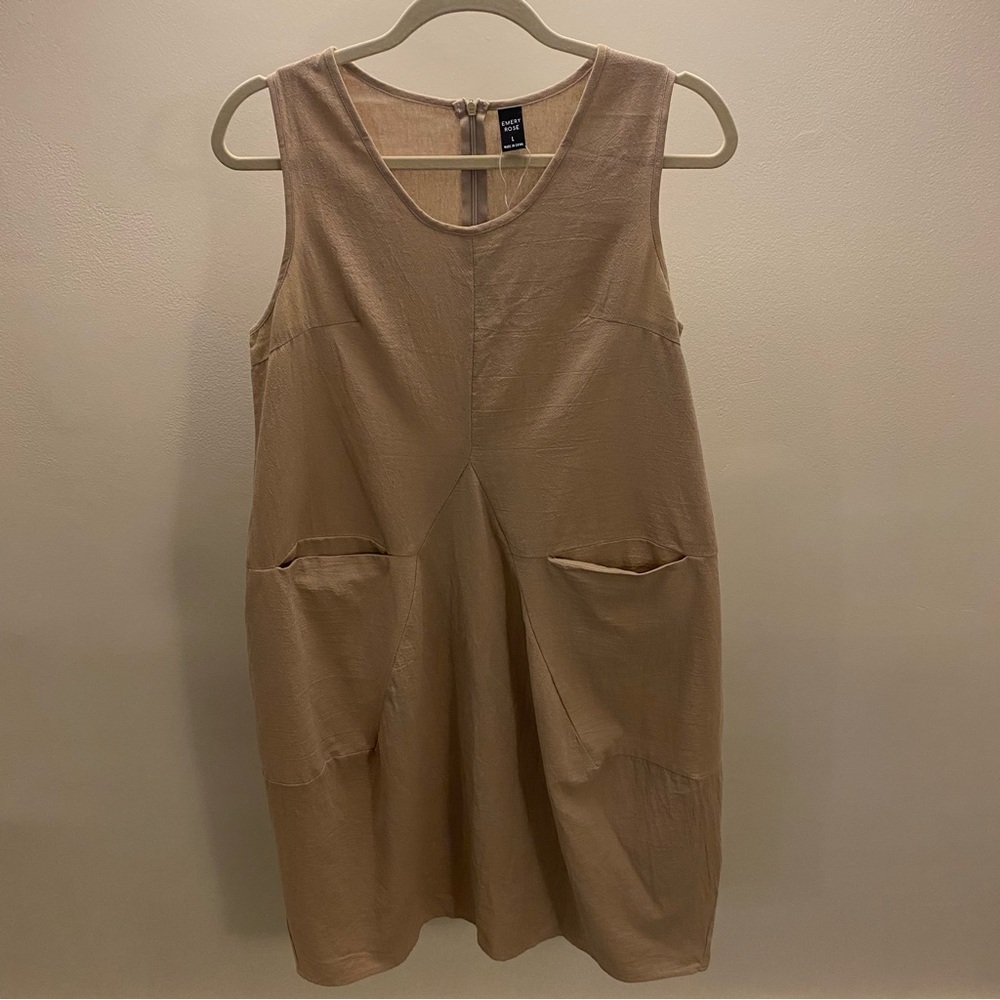 Boho Sleeveless Tan Cotton Midi Dress 2 Pockets Size Large Lagenlook Emery Rose